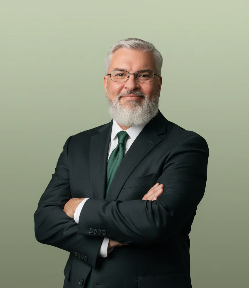 Larry Fischer, founder of Internet Media Now, in a dark suit and green tie, arms crossed.