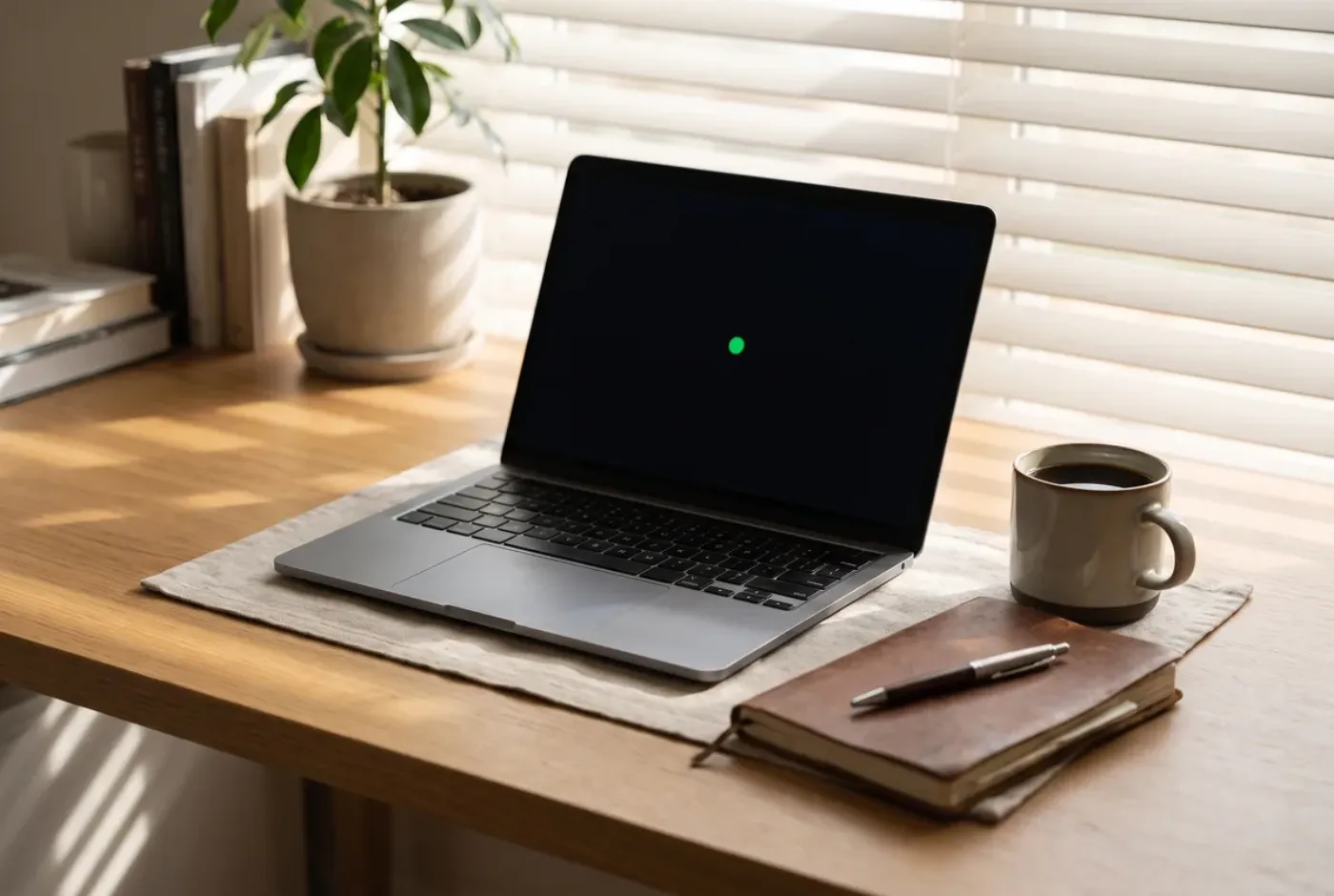A laptop on a sunny desk beside a coffee mug and notebook.